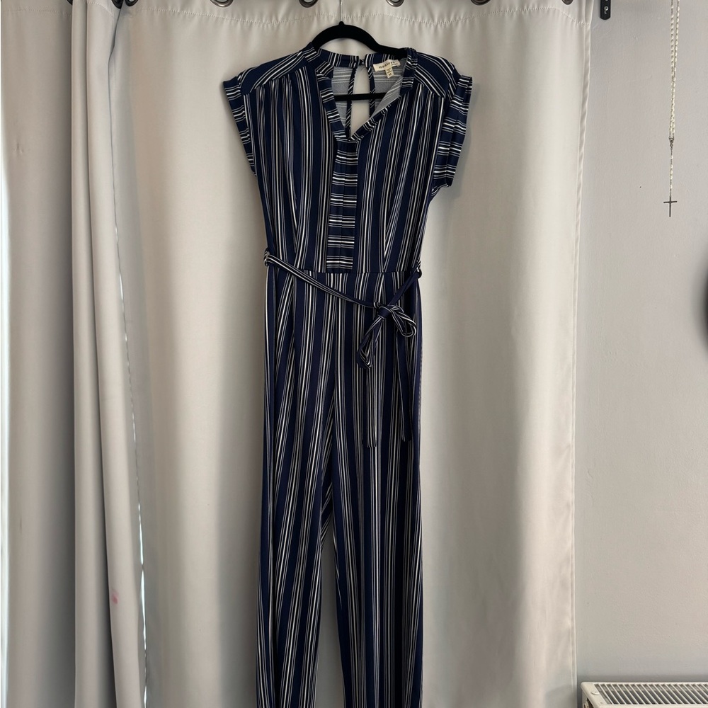 Monteau Navy and White Striped Jumpsuit with Tie Waist